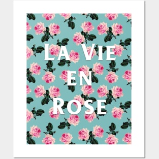 La Vie En Rose - scattered pink roses on turquoise on pink tee Posters and Art